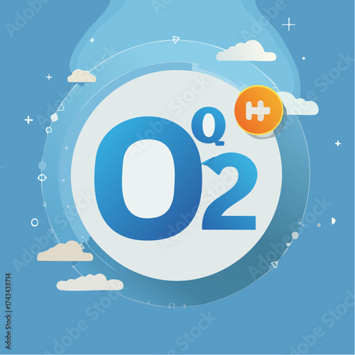 A stylized O2 symbol with a Q superscript and an orange H icon, presented in a modern flat design against a blue sky with clouds.