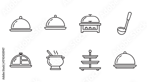 Set of line art food service icons representing catering and restaurant equipment for food presentation vector