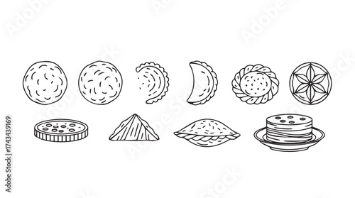 Hand drawn collection of assorted dumplings and pastries offering diverse shapes and textures vector