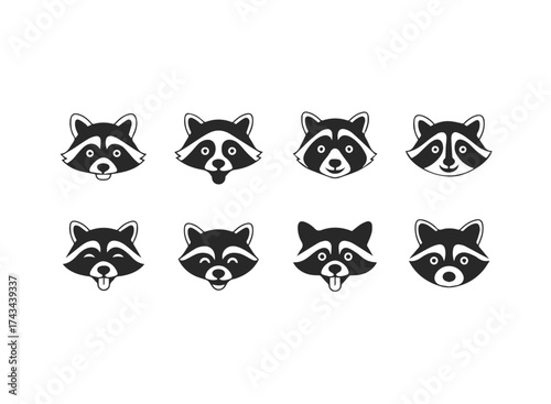 Set of Cute Raccoon Faces with Different Expressions.