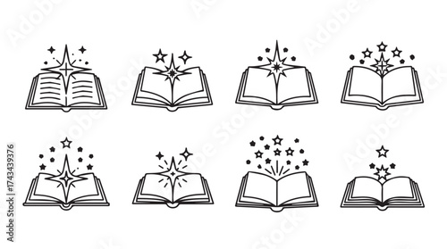 Collection of hand-drawn open books with stars and sparkles symbolizing knowledge and magic vector