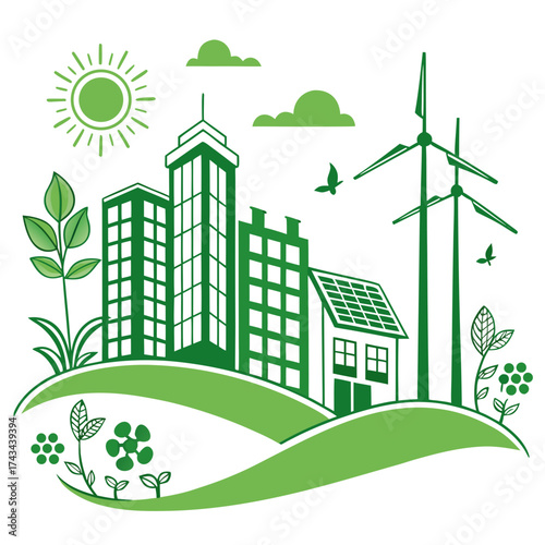 Green city skyline with renewable energy sources and nature elements