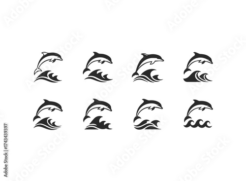 Set of Dolphin and Wave Icons.