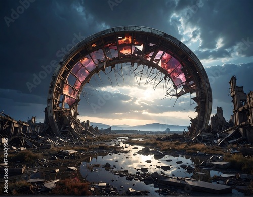 Ruined archway, desolate landscape