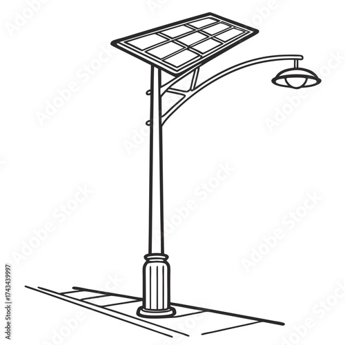 Line art illustration of a solar powered street lamp on a white background