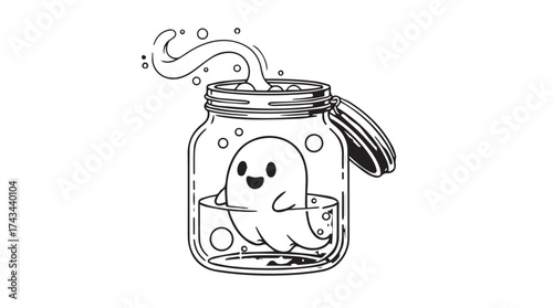 Cute ghost trapped in a jar illustration with bubbles and flowing liquid vector
