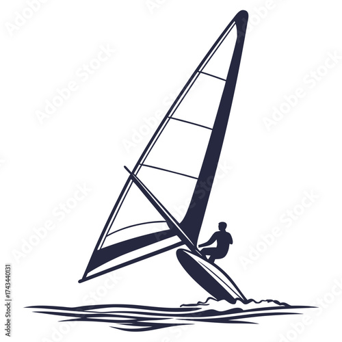 Silhouette of a windsurfer on a surfboard with a large sail on the water