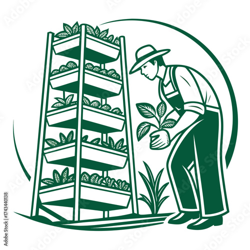 Farmer tending to a vertical garden with fresh produce
