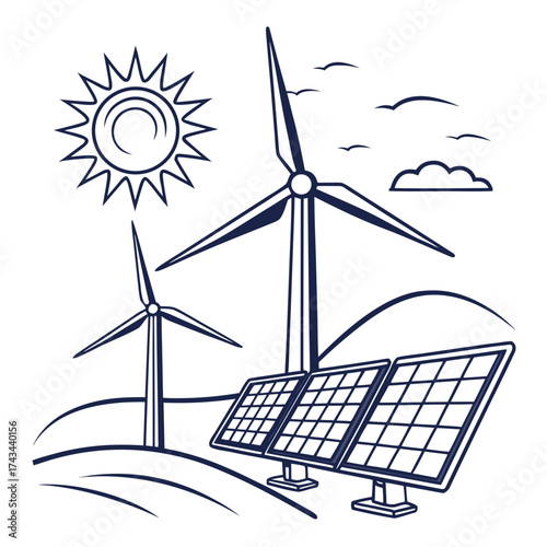 Renewable energy sources including wind turbines and solar panels under a sunny sky