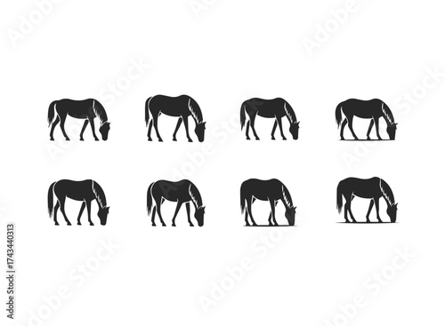 Set of Horse Silhouettes Grazing in Field.