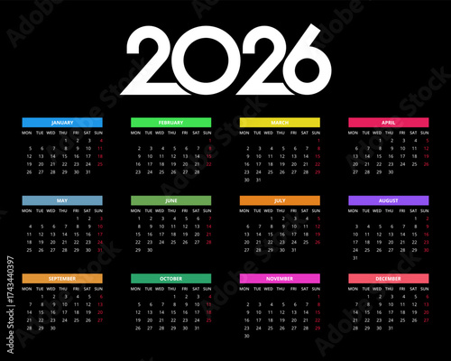 2026 Calendar template. Calendar 2026 - 12 months yearly calendar - planner calendar. Monthly calendar. Vector illustration for print, web, mobile app on black background