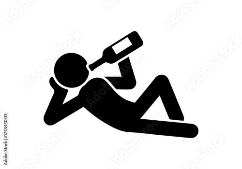 Stickman lying down drinking wine bottle icon. Relaxed drunk person silhouette, alcohol addiction, lazy man consuming liquor concept, black vector illustration isolated on white background.