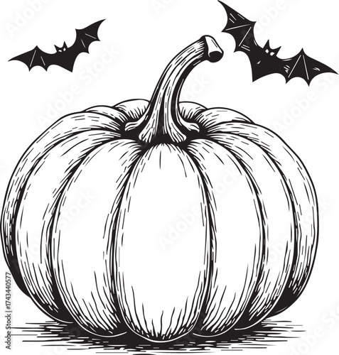 A spooky monochrome illustration showcases a plump pumpkin, with the addition of two eerie bats creating a striking Halloween themed graphic.