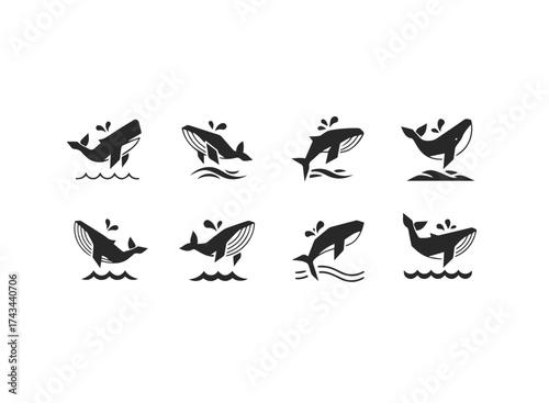 Set of Stylized Whale Icons in Ocean Water.