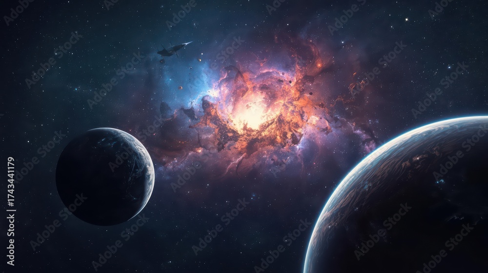 Obraz premium Eternal Expanse: A Tiny Rocket in the Infinite Cosmos