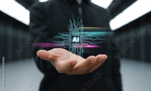 Business person holding futuristic AI chip with glowing circuit lines, ideal for illustrating artificial intelligence, innovation, and digital technology concepts