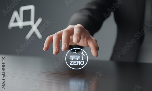 Business hand hovering over glowing net zero energy icon with solar panel and wind turbines, ideal for illustrating sustainability, clean energy goals, and carbon neutrality