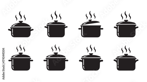 Set of eight black cooking pots steaming on a culinary icon collection vector