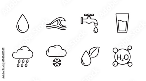 Collection of water related icons representing different forms and sources of water vector