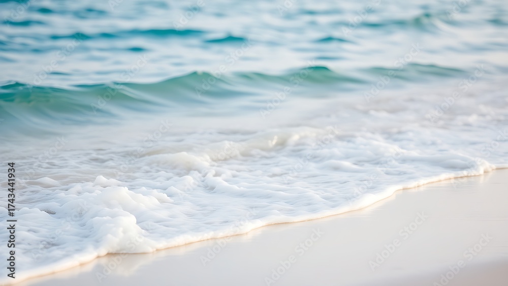 Fototapeta premium Calm blue ocean waves gently rolling onto a white sandy beach, evoking tropical serenity.