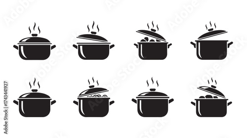 Collection of eight black cooking pots steaming with open and closed lids vector