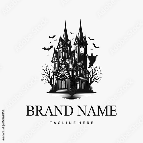 Spooky haunted castle logo design with bats and ghost for brand identity.