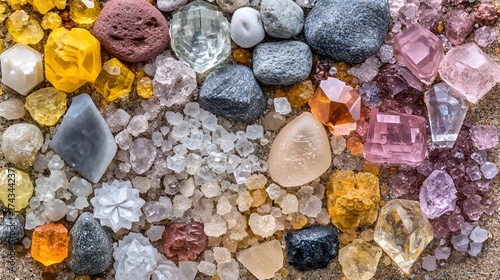 Assorted raw gemstones and pebbles on sand, crystal therapy concept