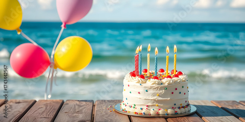 Festive birthday cake with lit candles sits on wooden table near ocean. Colorful balloons float nearby. Sweet dessert treat, perfect for beach party, summer celebration, happy holiday
