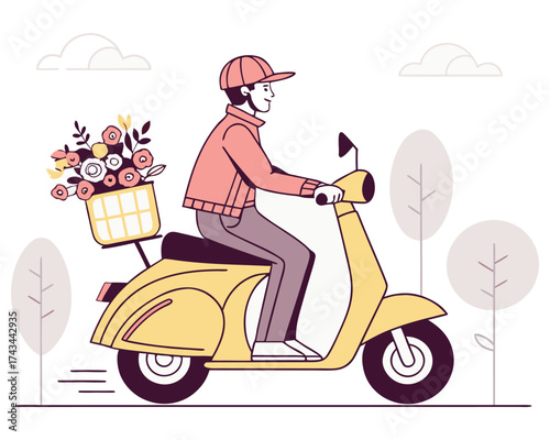 Girl riding a red scooter cartoon vector.