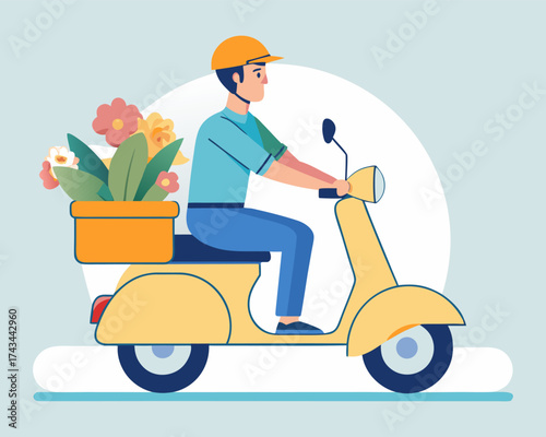 Delivery man riding a red scooter cartoon illustration.