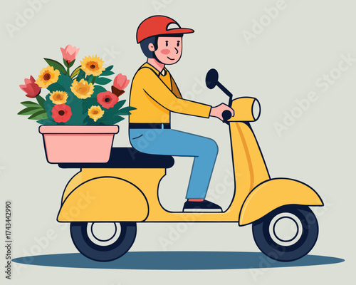 Young man riding red scooter illustration.