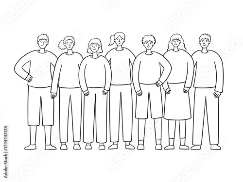 Diverse Group of Young People Standing Together. Hand Drawn People Illustration.