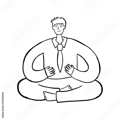 Businessman Meditating in Lotus Pose.  Hand Drawn People Illustration.