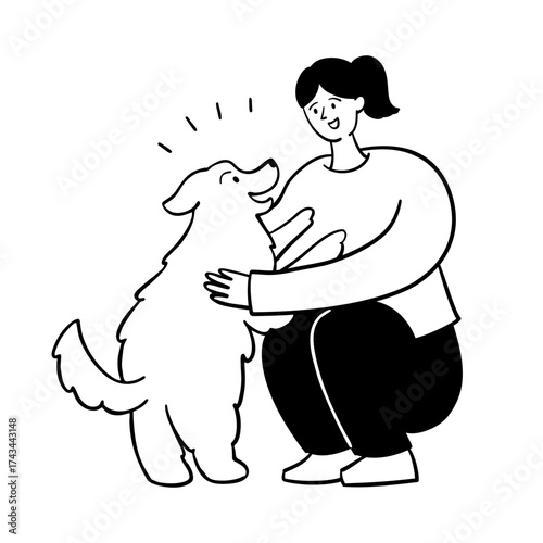 Woman and Happy Dog. Hand Drawn People Illustration.