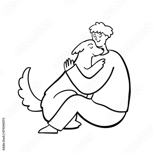 Man Hugging Dog. Emotional Support Animal Hug. Animal Therapy. Dog Therapy. Hand Drawn People Illustration. 