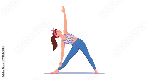 A woman performing a standing triangle pose in yoga with her arms extended upwards and outwards.