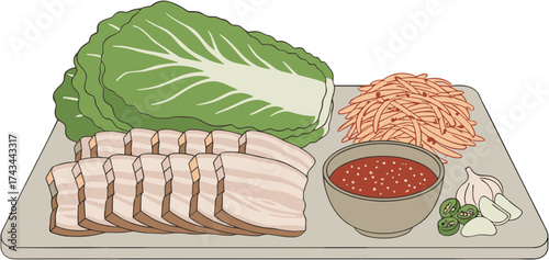 Flat Lay Delicious Korean Boiled Pork Slices with Kimchi Illustration