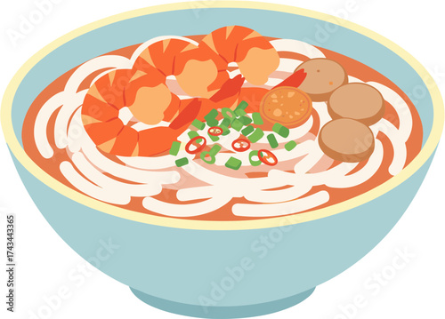 Flat Style Delicious Shrimp and Meatball Noodle Soup in Bowl Illustration