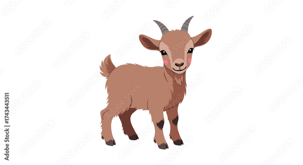 Fototapeta premium A cute little brown goat with tiny horns and a fluffy tail standing on a white background.