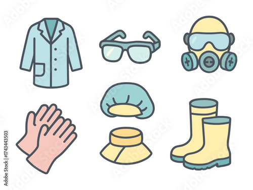 Safety equipment icons set , lab coat, safety glasses, gas mask, protective gloves, rubber boots