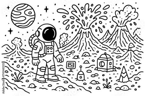 Alien world coloring page, space astronaut, volcanic landscape, lava eruptions, space habitat, distant planet