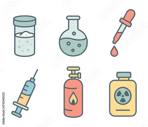 Chemistry hazards icons set ,sample vial, round flask, dropper pipette, medical syringe, gas cylinder