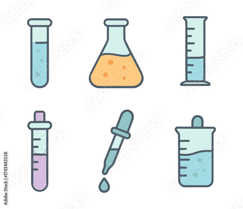 WebLab glassware icons set , test tube, conical flask, measuring cylinder, dropper pipette, beaker glass
