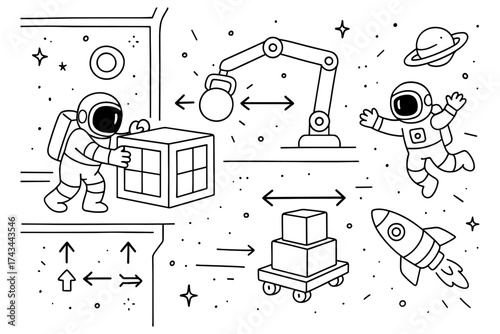 Space physics coloring page ,astronaut robot, cargo crate, robotic arm, movement arrows, space station