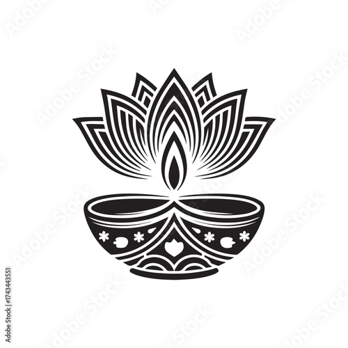 Vector art of elegant lotus diya lamp, a symbol of purity and enlightenment, for diwali and spiritual practices