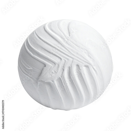 A marbled, white sphere with textured, swirling patterns against a stark black backdrop