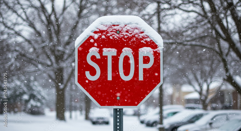 Winter Stop Sign Snow-covered stop sign with bare trees and parked cars in winter urban ...
