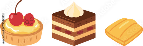 Cartoon Style Assorted Sweet Dessert Pastry and Cake Confectionery Illustration