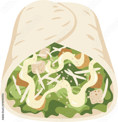 Simple Flat Illustration of Delicious Caesar Salad Wrap with Dressing