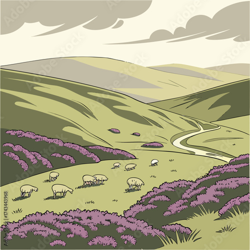 Serene natural landscape illustration featuring a gentle stream flowing over moss covered rocks evoking a peaceful forest environment with lush greenery and clear water